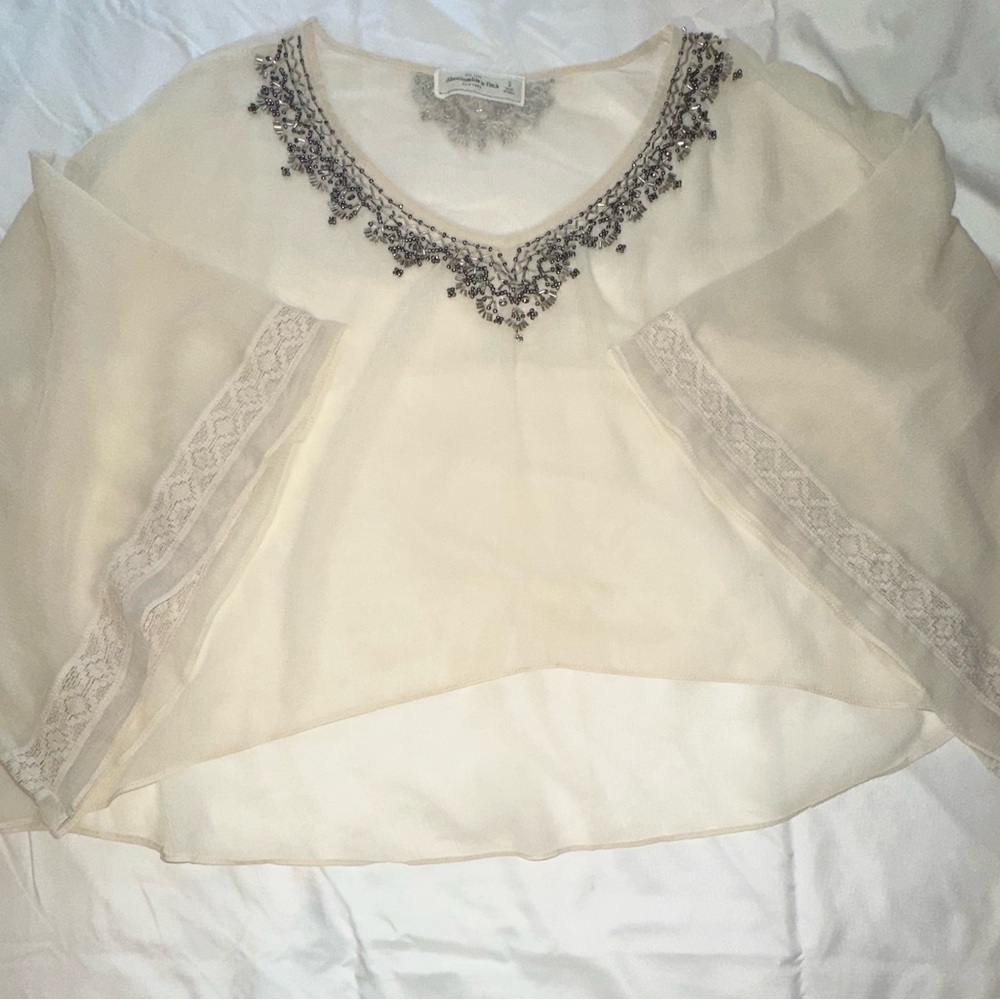 Abercrombie & Fitch Sheer Cream Blouse with Beaded Neckline
